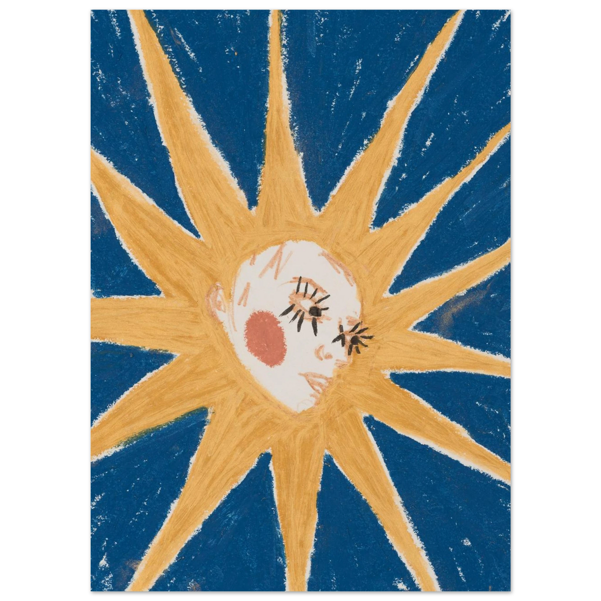 Blue Sun – Sonne mit Gesicht auf blauem Grund, Ölpastell von Jordan