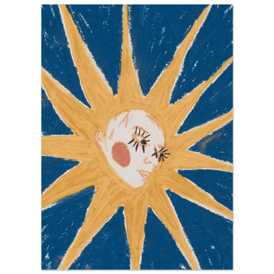 Blue Sun – Sonne mit Gesicht auf blauem Grund, Ölpastell von Jordan